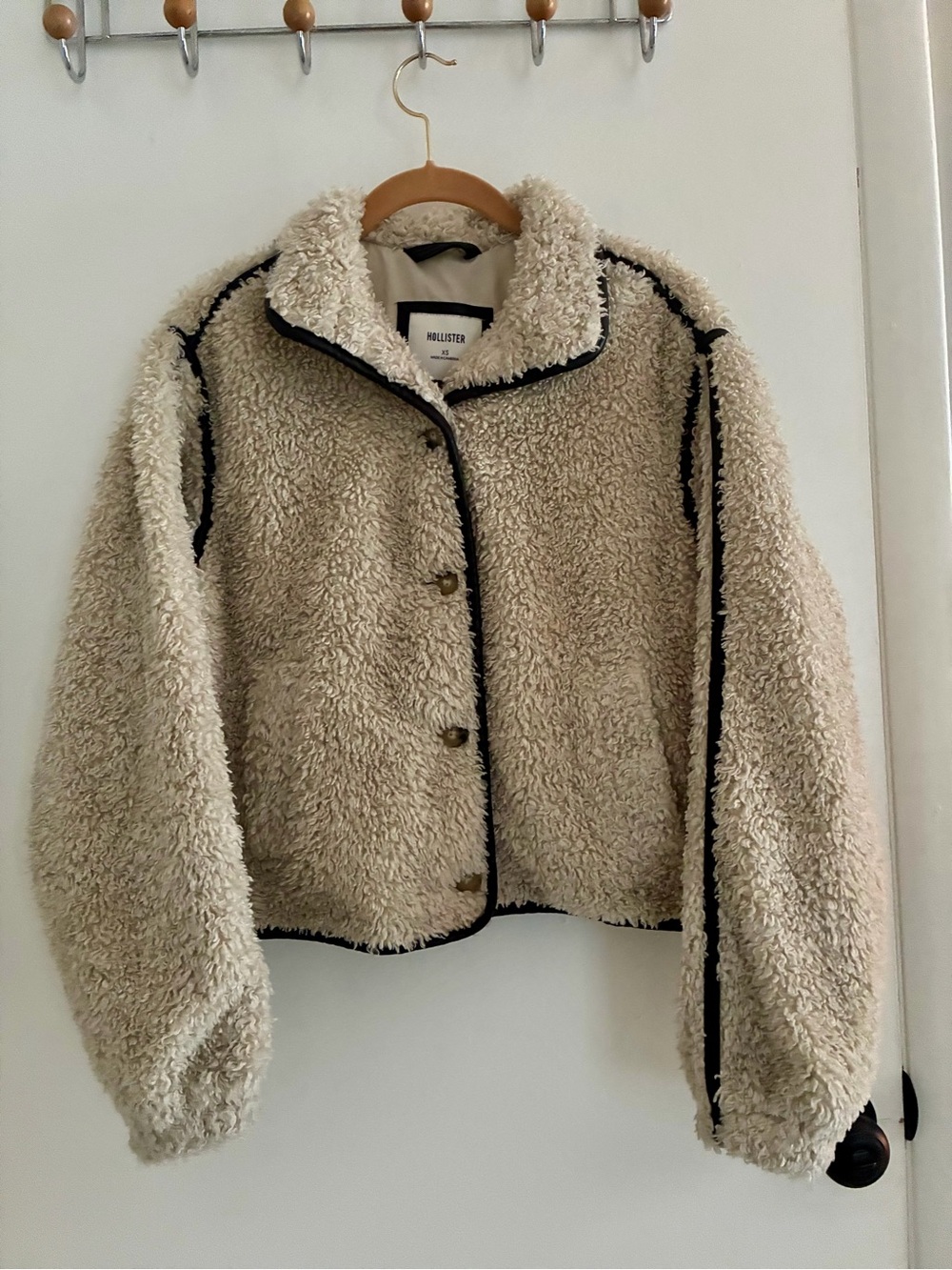 Hollister Cream Sherpa Jacket with Black Trim